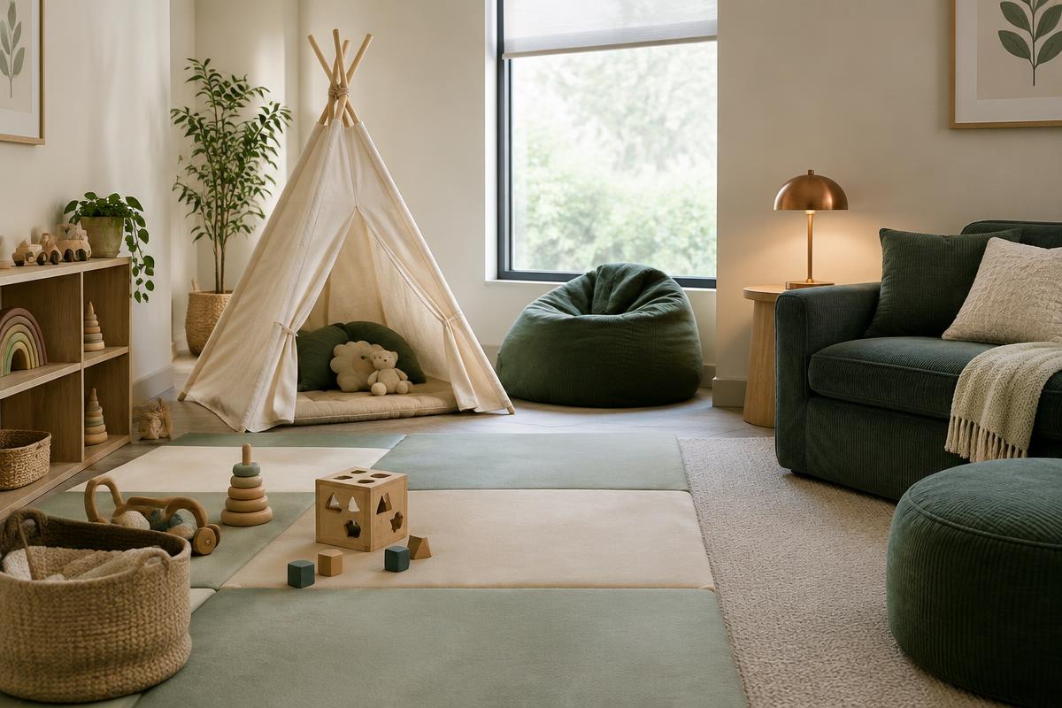 Gentle children's sensory corner with soft mats, a play teepee and wooden toys