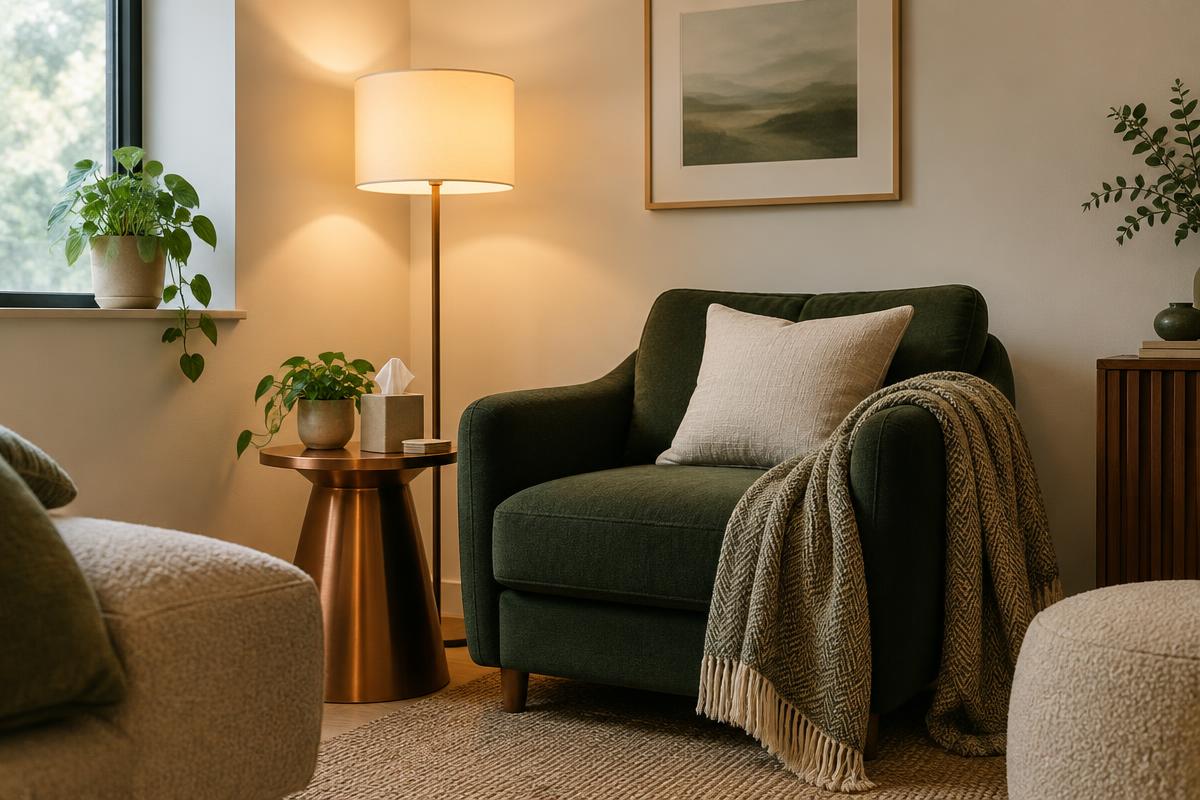 Serene therapy room with a soft armchair, warm lamp and gentle textures