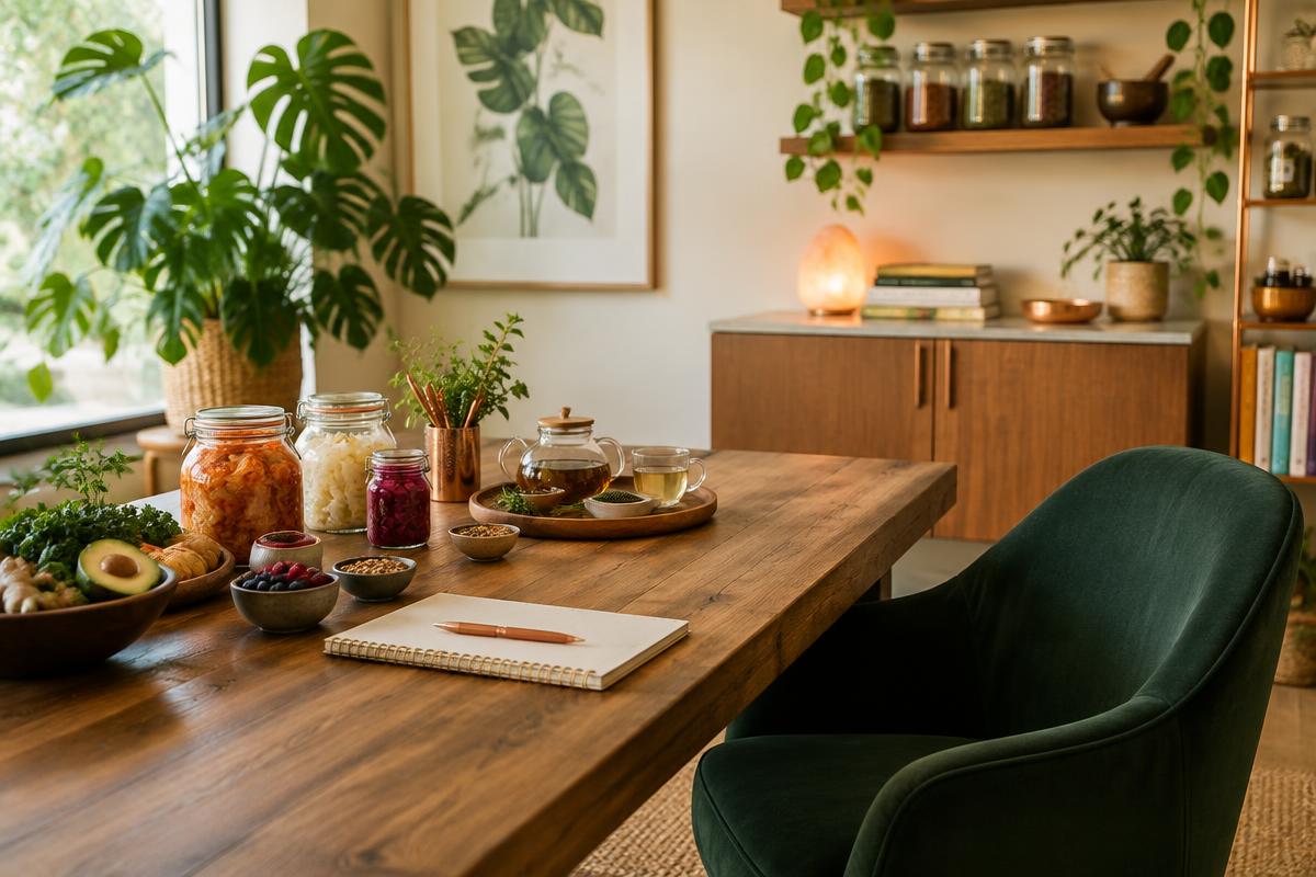 Naturopathic consultation table with fermented foods, herbal teas and a nutrition plan