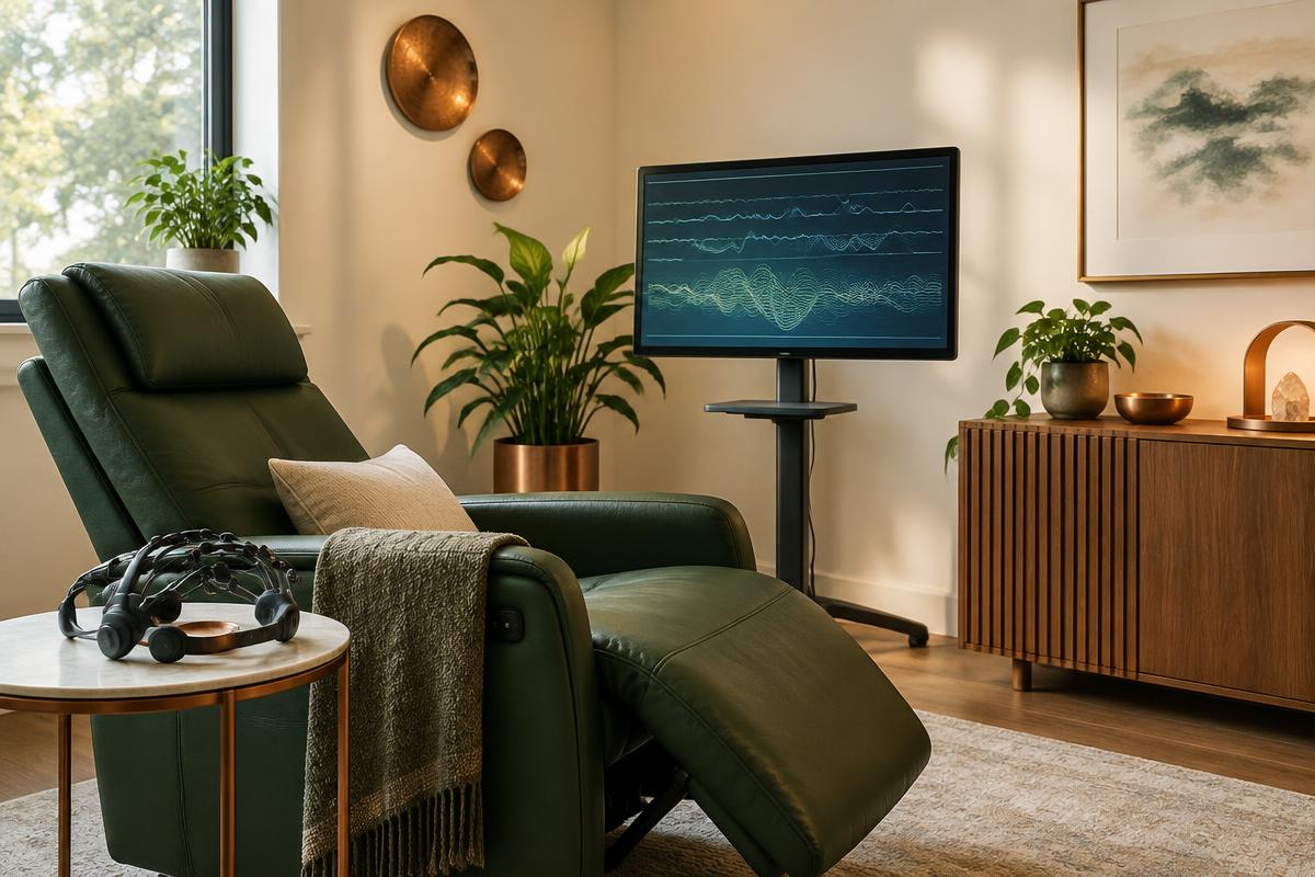 Cognitive training room with a reclining chair, EEG headset and brainwave screen