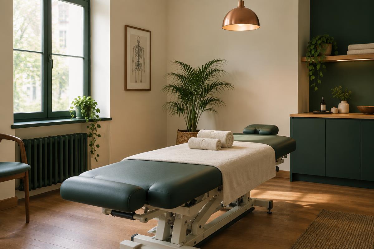 Calm osteopathy treatment room with a prepared treatment table